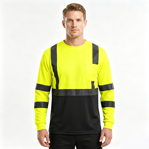 T-shirts de travail réfléchissants à manches longues en coton pour hommes, avec capuche et col polo boutonné, <span class=keywords><strong>haute</strong></span> <span class=keywords><strong>visibilité</strong></span>, imperméables, EN ISO 20471 ANSI Classe 3 - Product Image 1