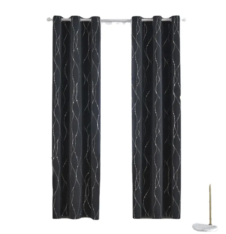 Pure Color Customizable Window Blackout Curtains With Silver Wave Print Foil Printed Wave Line Pattern Curtain House Drapes