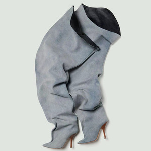 Women Super Loose Upper Over Knee High Pants <b>Boots</b> Pointed Toe Baggy Long Booties High Heels Trousers Denim Wide Fit Shoes - Product Image 5