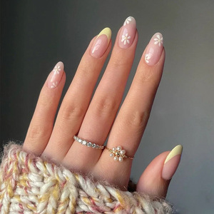 Flor de <span class=keywords><strong>verano</strong></span> 2025, 24 Uds., <span class=keywords><strong>Uñas</strong></span> postizas <span class=keywords><strong>cortas</strong></span> a presión de almendras, flor de estilo francés, <span class=keywords><strong>uñas</strong></span> acrílicas hechas a máquina, venta al por mayor para dedos - Product Image 1
