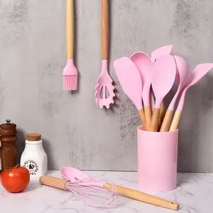 Hot-bán Silicone muỗng và xẻng Cookware Set bếp không dính tay cầm bằng gỗ Đồ dùng nhà bếp 12 bộ