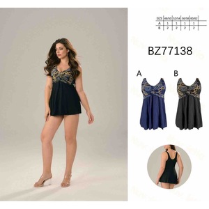 Traje de baño de una pieza HDJ de talla grande con control de abdomen, ropa de playa conservadora, falda con estampado negro, BZ77138 - Product Image 2
