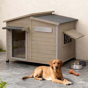 Outdoor Wooden Dog House for Small & Medium Dogs, Weatherproof Kennel with Openable Roof Window Chew-Resistant <b>Frame</b> - Product Image 1