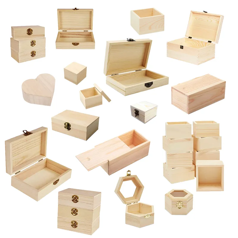 Personnalisation boîte en bois inachevée en gros forme différente boîte de rangement en bois massif boîte-cadeau en bois