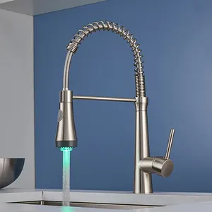 Modern brushed pull down spring sink kitchen faucet with LED light