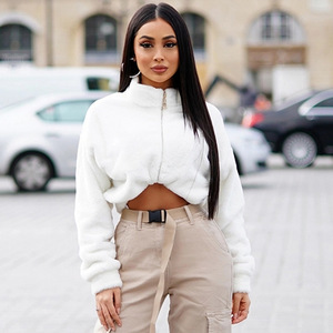 Женская зимняя одежда, теплый шерстяной свитер, флисовый джемпер, белый пуловер на молнии с длинным рукавом и круглым вырезом, укороченный пуловер, Свитшот