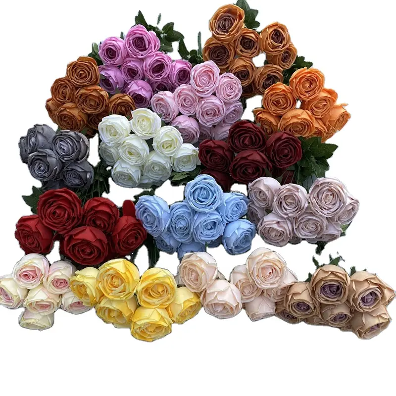 Wedding decorative 9 heads silk roses bunch artificial flower rose for home decor
