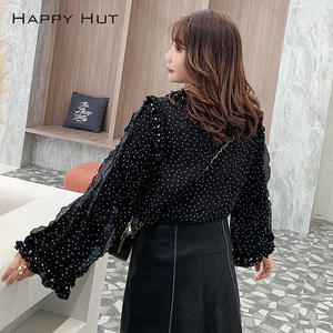 Blusa de Gasa para Mujer Tallas Grandes Happy Hut, Negra con Puntos, Manga Larga con Volantes, Uso Diario N6821 - Product Image 5