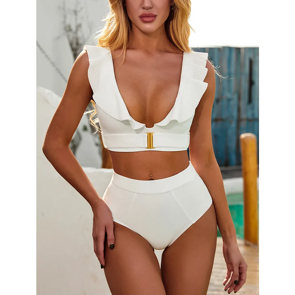 Jsn6201oem maiô personalizado, biquíni sensual de cintura alta com babado, roupa de banho, moda praia 2022