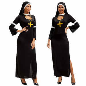 Nun Costume Dress With Cross Headband Black Long Sleeve Cosplay Role Play Halloween Outfit Women Adult Size M Xl - Product Image 1
