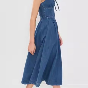 Vestido de Mezclilla Ecológico de Verano, Elegante, Corte A, Casual, para Mujer, Ajustado, Sin Mangas, con Parches, Tejido, para Uso Diario - Product Image 3