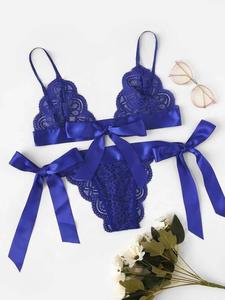 Nouvelle lingerie féminine en dentelle brodée, style tentation à bretelles avec nœud, tendance - Product Image 5