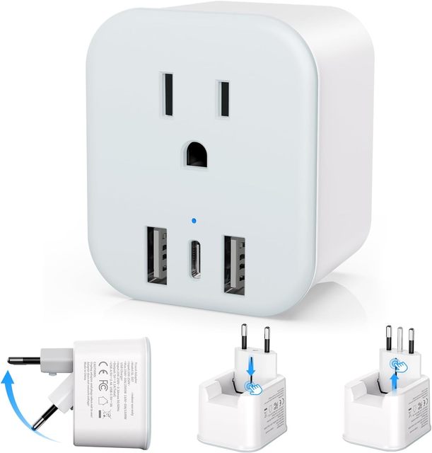 ELEGRP Foldable US to European Type C Travel Multi Plug Adapter Outlet Converter with USB C Port Universal Travel Adapter