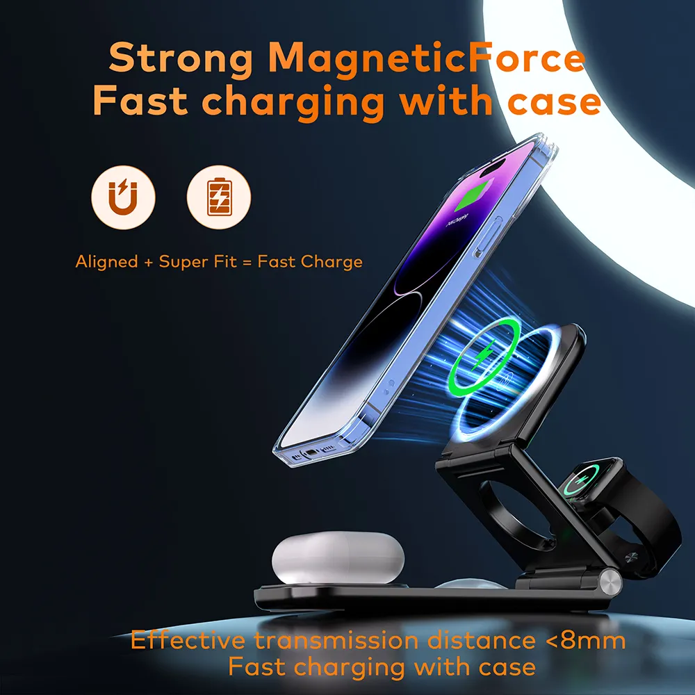 Justlink 3 in 1 wireless charger Qi Faoldable Magnetic wireless charger with Led Light 18W fast charging for iphone Airpods iwat