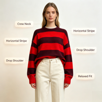 Pull en maille fine à rayures rouges surdimensionné décontracté à manches longues, personnalisé de haute qualité, OEM & ODM, collection automne