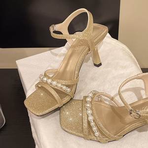 Nouvelles sandales d'été 888 à talons hauts et bouton unique, ornées de perles, style européen et américain, polyvalentes pour femme - Product Image 6