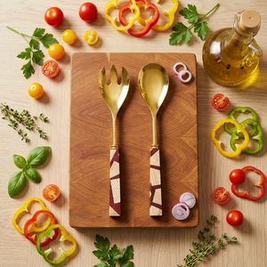 Eco-Friendly Golden Stainless Steel <b>Salad</b> <b>Server</b> with Wood & Resin Handmade Handle Dishwasher Safe Set of 2 for Kitchen Use - Product Image 2