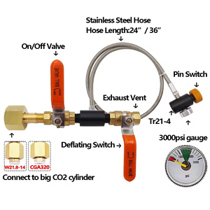 CO2 Refill Cylinder Adapter Fill <b>Station</b> Connector Kit for Soda Maker Filling 24 Inch Stainless Steel Hose Dual Valve with Gauge - Product Image 4