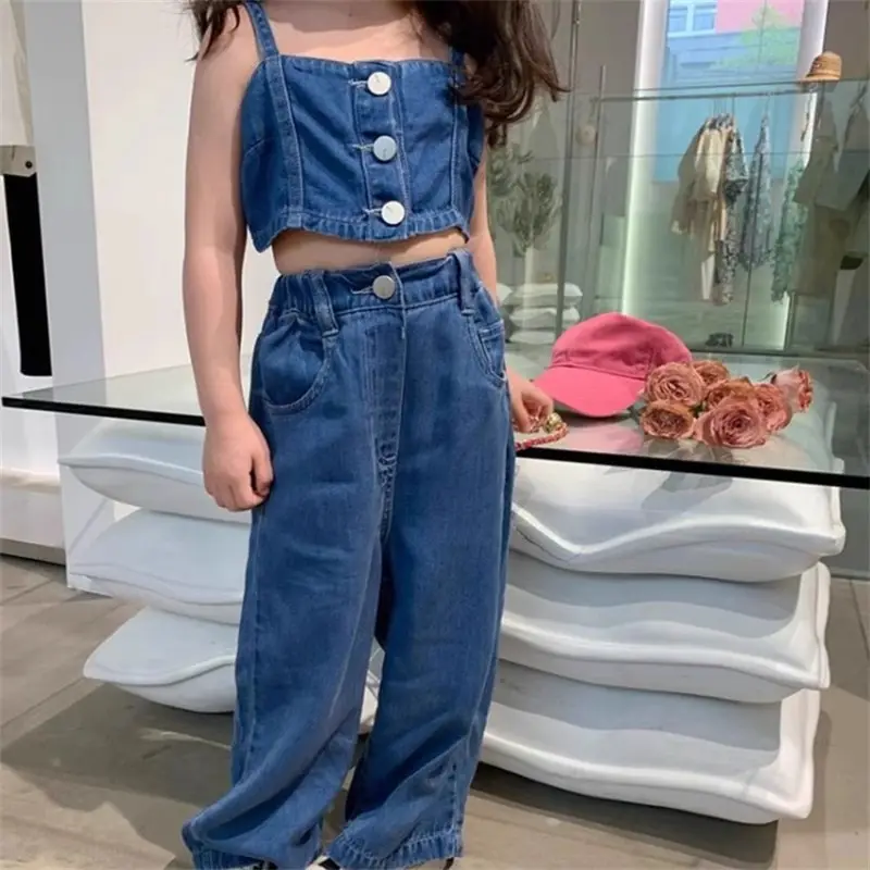 wholesale websites kids clothes halter short top denim wide-leg pants 2pcs girls suit