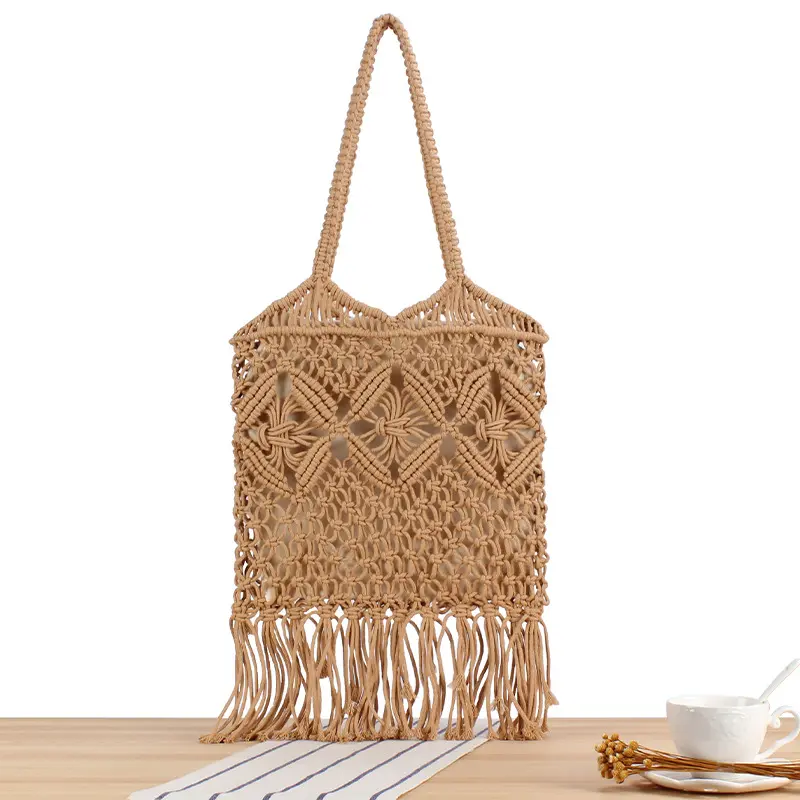 Bohemian Summer Beach Leisure Elegant Shoulder Bag Solid Color Handmade Hollow Macrame Crochet Travel Shopping Bag with Tassels