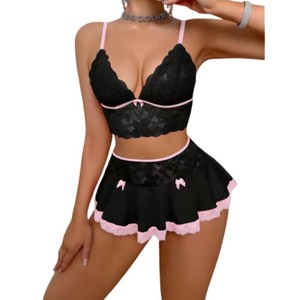 Blue Solid Lace <b>Two</b>-<b>Piece</b> Lingerie <b>Set</b> with <b>Sequins</b> and Satin Skirt for Special Occasion Adult Sex Adult Stimulation - Product Image 5