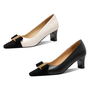 Women's Fashion Trend Mid-Heel Pumps Square Toe <strong>Dress</strong> <strong>Shoes</strong> with Bow Ornament Autumn Office Wear - Product Image 1