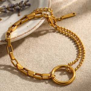 Bracelet en acier inoxydable au design minimaliste et léger, doté d'une structure à chaîne simple ou double et d'une bague ronde, bijoux en acier 18K - Product Image 3