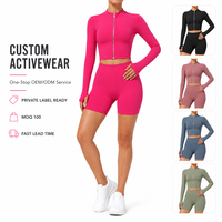 Ensemble de yoga et de sport 2 pièces personnalisé pour femme : veste courte zippée à manches longues avec trous pour les pouces et short cycliste taille haute