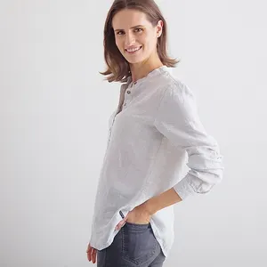 100% keten yüksek kalite özel tasarım kadın gömlek kadınlar için tam kollu düğme standı boyun keten gömlek