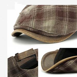 Nouvelle casquette gavroche à carreaux printemps-automne-hiver, chapeau de peintre rétro littéraire, béret en coton à bord en cuir PU pour femmes et hommes - Product Image 4