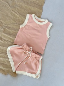 Ensemble 2 pièces pour filles, débardeur sans manches et short, couleur unie, coton respirant, bas à cordon de serrage, tenue d'été pour tout-petits - Product Image 2