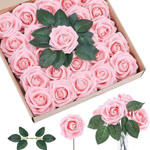 กล่องของขวัญดอกกุหลาบโฟมสีชมพู 24 ชิ้น พร้อมใบไม้ สำหรับตกแต่งงานแต่งงานและวันวาเลนไทน์ - Product Image 2