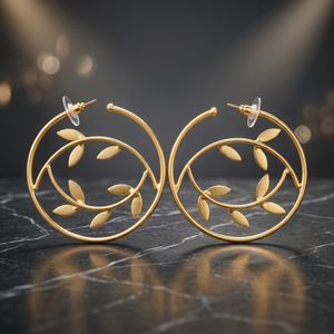 Boucles d'oreilles créoles tendance en laiton plaqué or faites à la main pour femme, motif végétal, idéales pour les soirées - Product Image 3