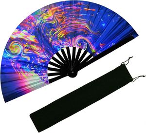 Éventail pliant grand format à motif tourbillon coloré réactif aux UV, éventail claquant de type Kung Fu avec sac de rangement pour festivals, soirées et décoration de scène - Product Image 1