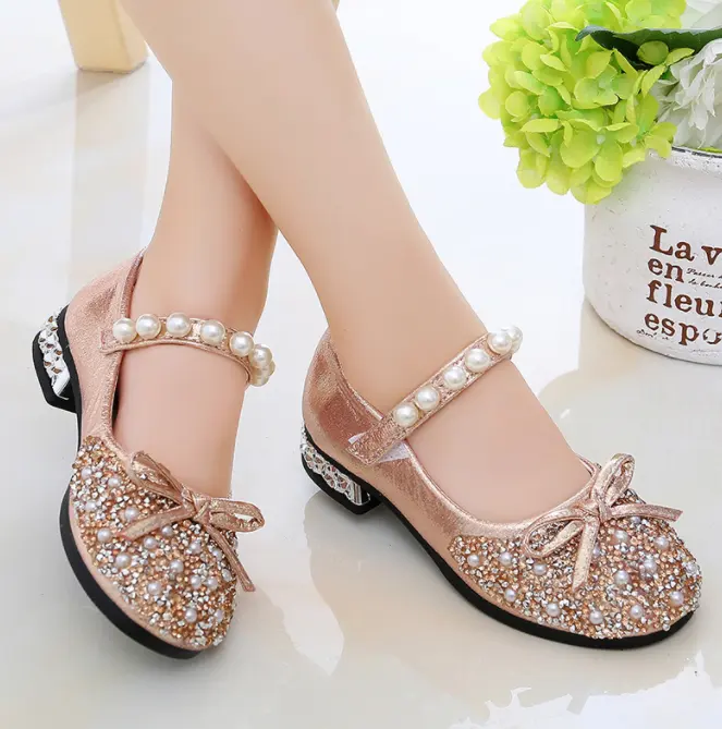 Fashion Girls Princess Little Crystal Leather Sandals Summer Children's Single High Heels Soft Sole Children's Shoes