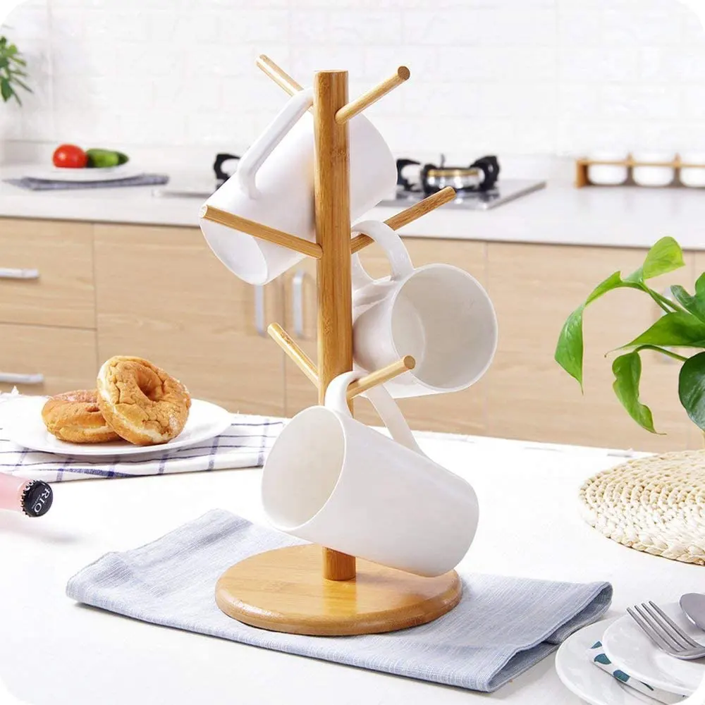 Combohome Bamboo Mug Rack Tree Coffee Tea Cup Organizer Hanger Holder with 6 Hooks Removable Easy to Assembly