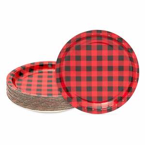 OEM Disposable 9-Inch Round Paper <b>Plate</b> in Modern CMYK Buffalo Plaid Factory Direct for Lumberjack Birthday Party Supplies - Product Image 1