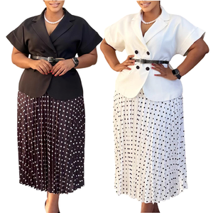 Ensemble jupe d'été tendance D620 pour femme : haut à col tailleur et manches courtes avec jupe plissée à pois – Tenues africaines pour femme - Product Image 1