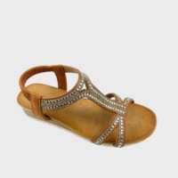 Sandales compensées d'été à semelle souple en faux daim, à bride en T, à bride arrière élastique, à enfiler, confortables, avec strass pour femme