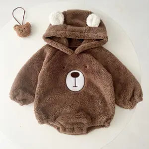 Autumn and Winter Cute Hooded Bear Baby Plus Cashmere Climbing Suit Warm Double-Sided Cashmere Wrap Fart Bodysuit