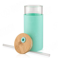 Emode Tasse en verre écologique avec couvercle en bambou et paille, gobelet mignon de 20oz 550ML avec manchon de protection en silicone pour l'eau