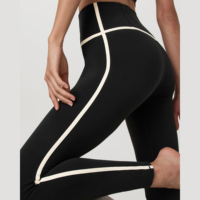 Legging Yoga Garis Kontras Elastis Tinggi dan Bernapas, Pinggang Bentuk V, Kain Fungsional, Legging Cepat Kering