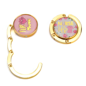 Foldable Purse Hanger for <b>Table</b> Gold Plated <b>Metal</b> <b>Folding</b> Bag Hook Resin Epoxy Printed Custom Logo Purse Holder Bulk - Product Image 2