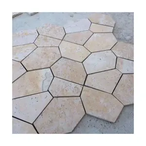 Yellow Beige Travertine Limestone Irregular Shape Exterior Wall Floor Tile Interlocking Compass Paving Stone Landscape Flagstone