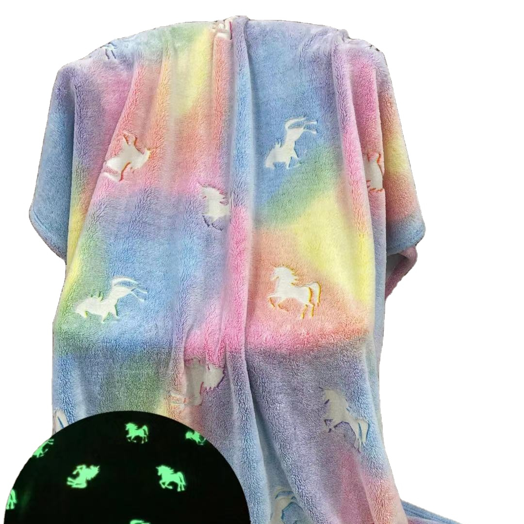 Hot sale cozy warm fuzzy Magic polyester flannel Luminous Blanket custom kids dinosaur glow in the dark unicorn blanket