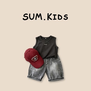 Ensemble deux pièces pour garçon, style coréen, haut simple en coton gris foncé, <span class=keywords><strong>short</strong></span> en <span class=keywords><strong>jean</strong></span> délavé, tendance, cool, décontracté, vêtements pour enfants - Product Image 5
