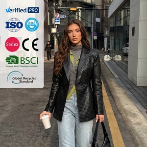 Ladies Glossy Croc PU <strong>Leather</strong> Blazer Coat <strong>Long</strong> Sleeve Notched Lapel Office &amp; Streetwear <strong>Jacket</strong> - Product Image 1
