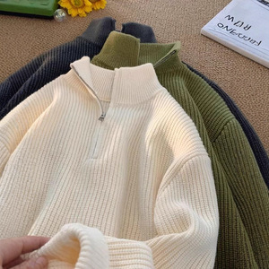 Suéter masculino de outono-inverno com gola alta, zíper até a metade, cor sólida, grosso, quente, solto e casual, de manga comprida. - Product Image 1