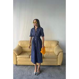 Vestido Azul de Manga Corta con Cierre de Botones Delanteros para Uso Profesional, en Tencel - Product Image 6