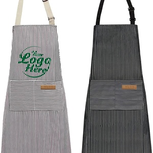 Tablier de cuisine réglable, doux, blanc rayé, uniforme de chef, 2 poches, logo personnalisé, pour hommes et femmes, restaurant, bar, 100% coton - Product Image 1